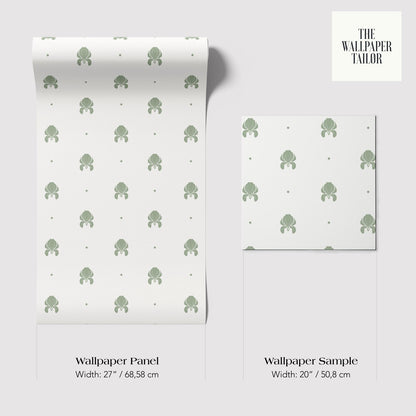 two wallpaper panels with a repeating pattern of green octopus or sea creature designs. The text provides information about the size and dimensions of the wallpaper panels, including their widths and heights.