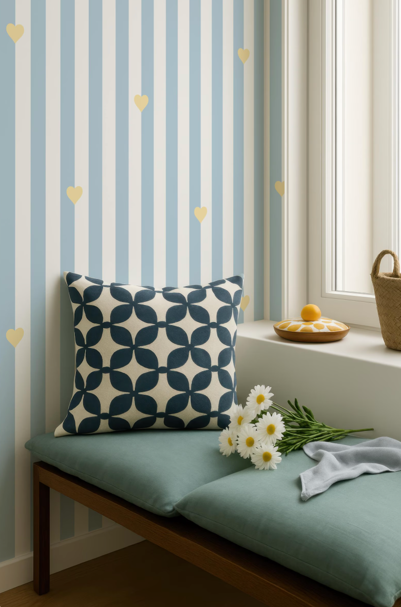 a cozy corner with a blue and white striped wall, a green bench with a patterned pillow, a basket of flowers, and a window with a yellow flower on the sill.