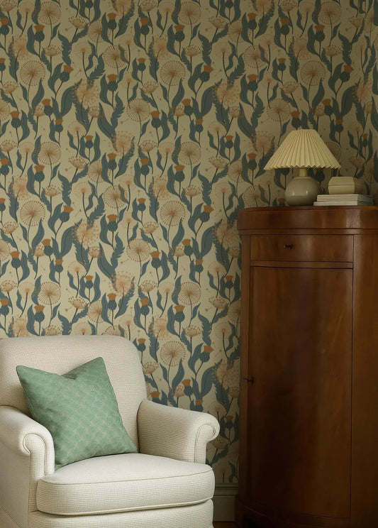 a cozy living room with a white armchair, a wooden cabinet, and a patterned wallpaper with a floral design.