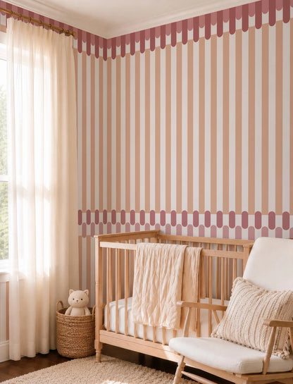 a cozy nursery with a wooden crib, a white rocking chair, and a basket with a teddy bear. The walls are decorated with pink and white striped wallpaper, and there is a window with white curtains.