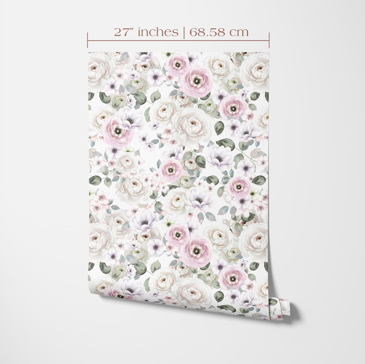 a floral pattern on a piece of paper or fabric, with a ruler indicating its size.