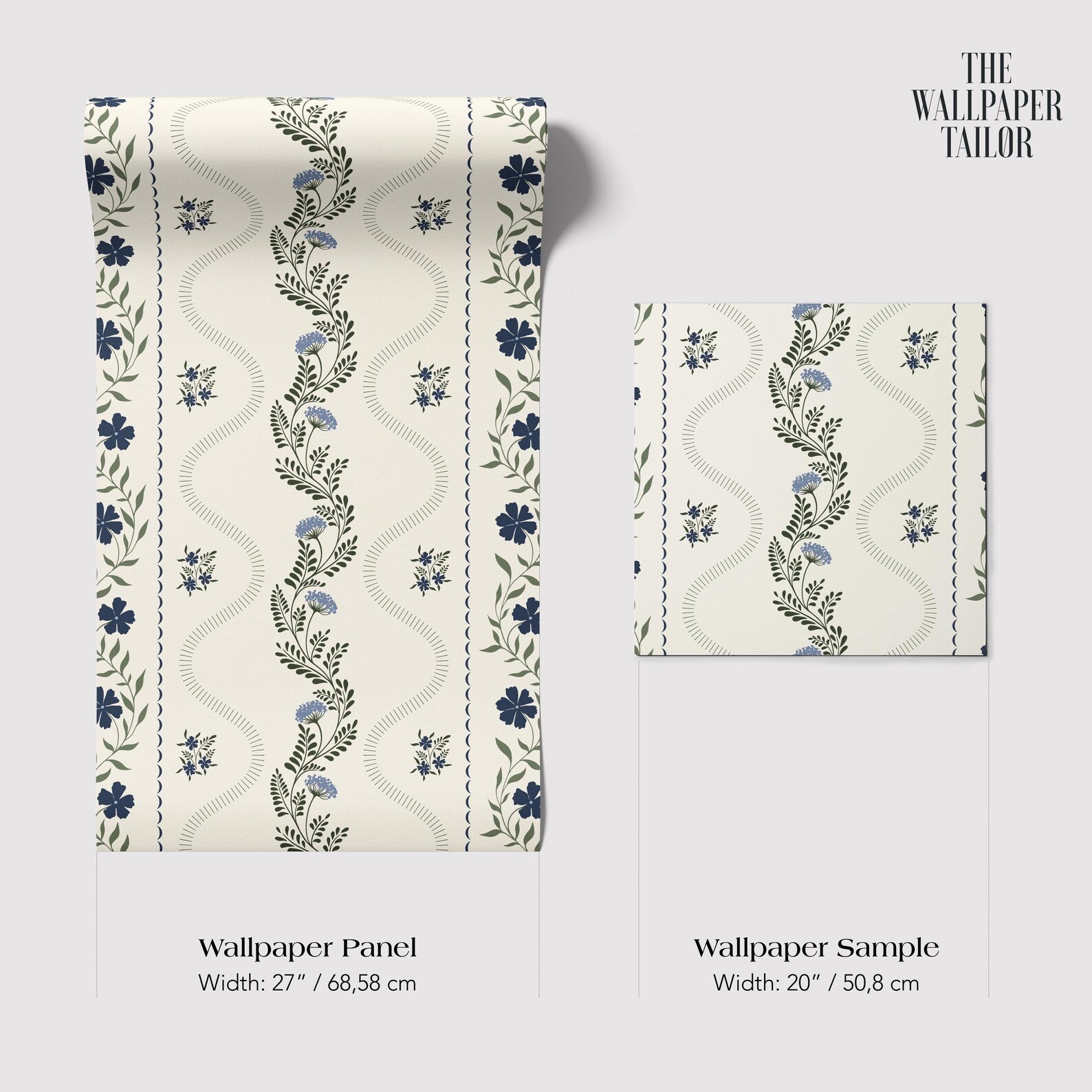 two identical floral patterned wallpaper panels, each with a different width. The left panel is wider at 22 inches (48.58 cm) and the right panel is narrower at 20 inches (50.08 cm). The text below the panels indicates the width of each panel.