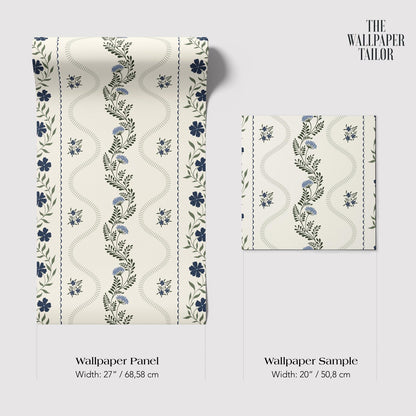 two identical floral patterned wallpaper panels, each with a different width. The left panel is wider at 22 inches (48.58 cm) and the right panel is narrower at 20 inches (50.08 cm). The text below the panels indicates the width of each panel.