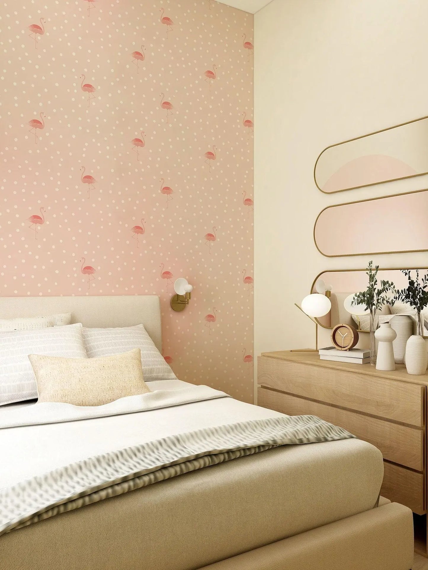 a cozy bedroom with a bed, a dresser, and a mirror. The walls are decorated with pink and white polka dot wallpaper, and there are several potted plants and vases on the dresser.