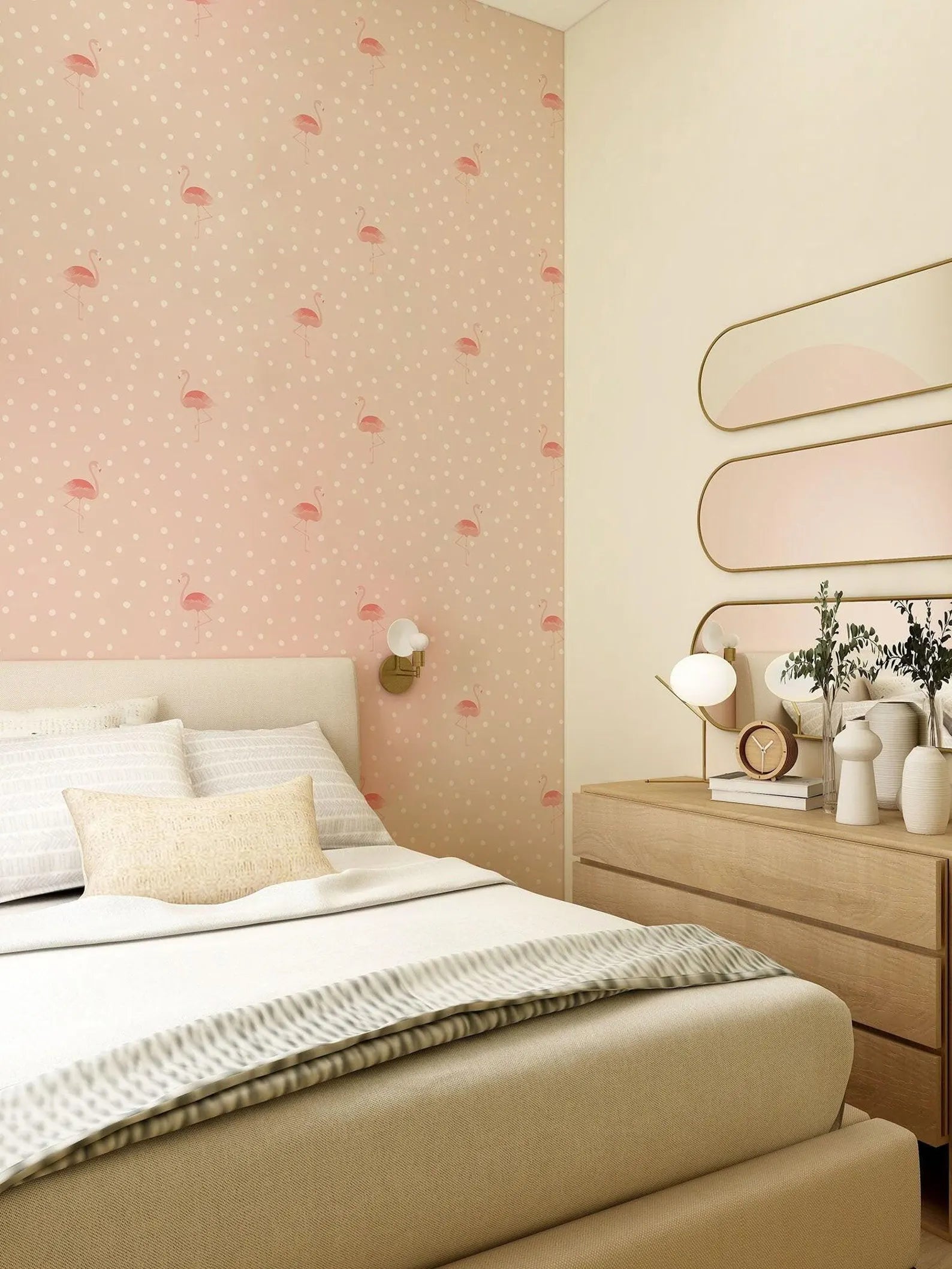 a cozy bedroom with a bed, a dresser, and a mirror. The walls are decorated with pink and white polka dot wallpaper, and there are several potted plants and vases on the dresser.