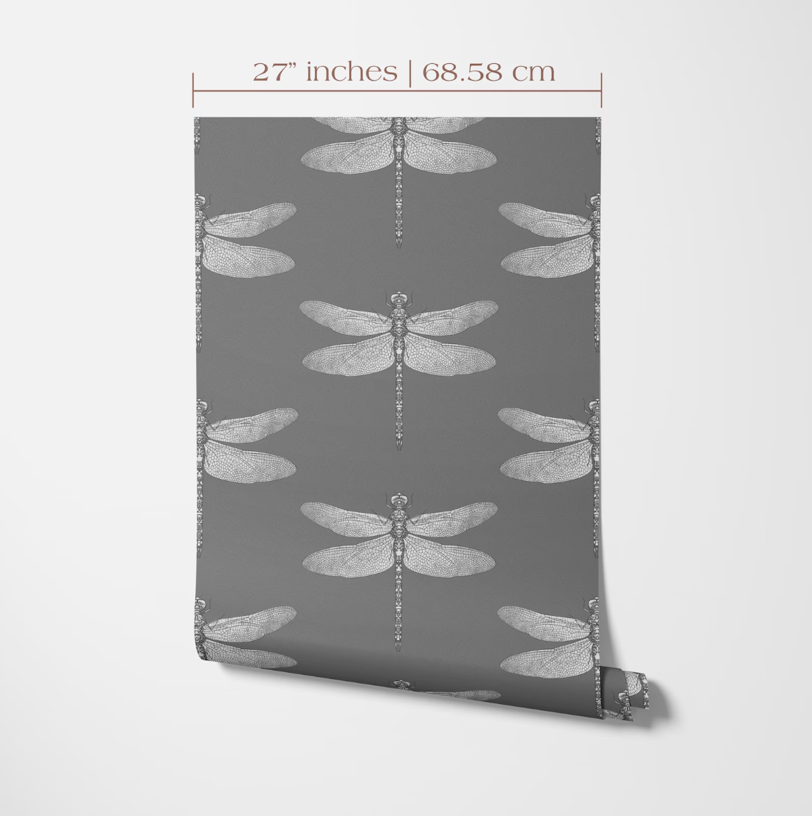a repeating pattern of white dragonflies against a grey background.