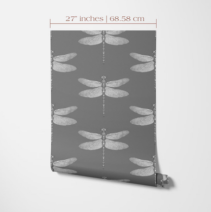 a repeating pattern of white dragonflies against a grey background.