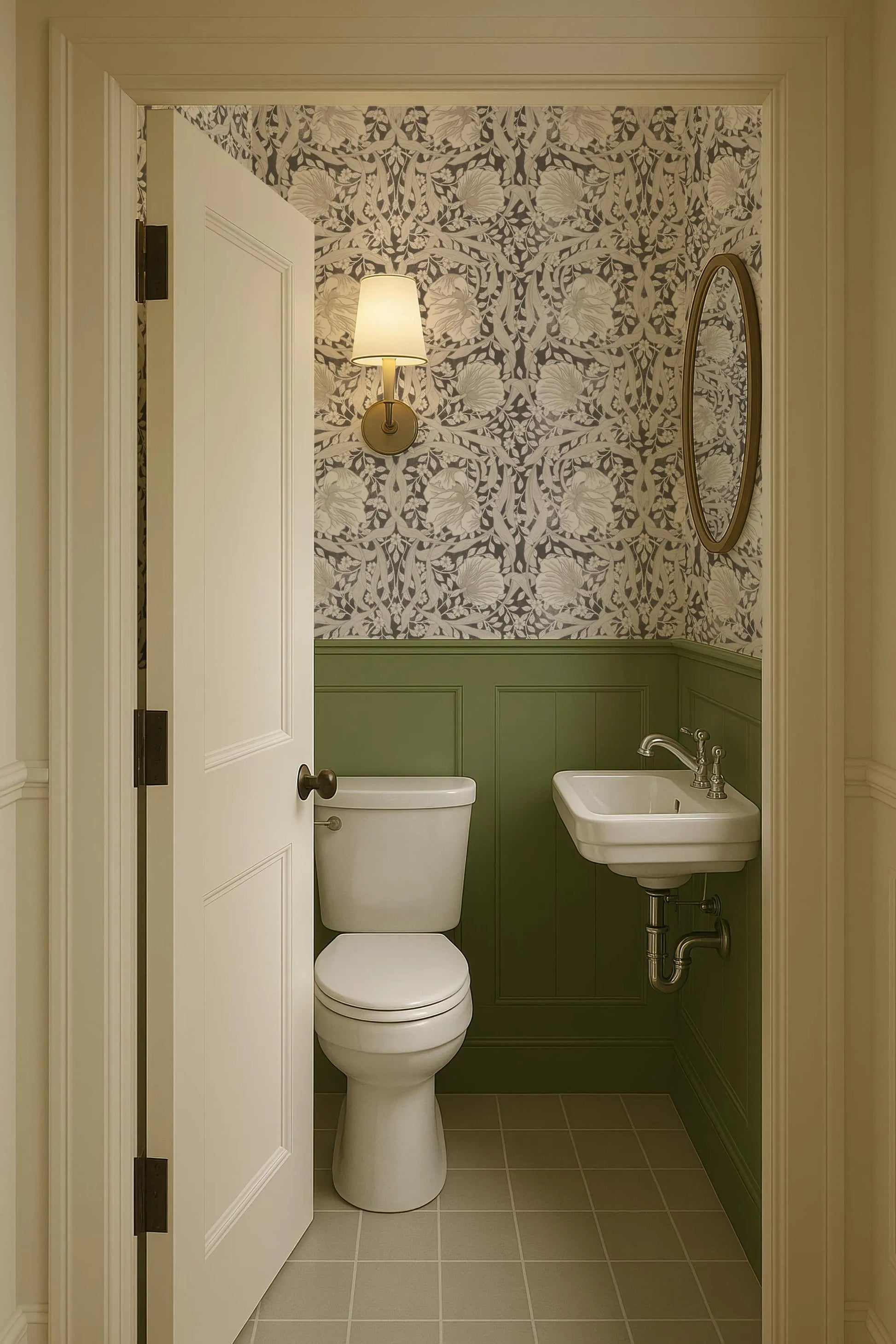 a small bathroom with a white toilet and sink against a green wall with a patterned wallpaper. The door is open, revealing the interior of the bathroom.