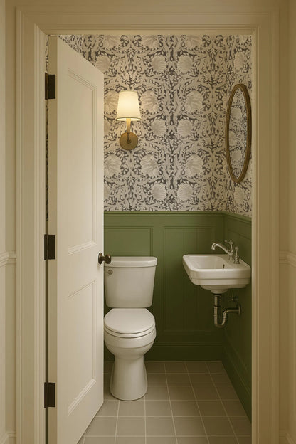 a small bathroom with a white toilet and sink against a green wall with a patterned wallpaper. The door is open, revealing the interior of the bathroom.