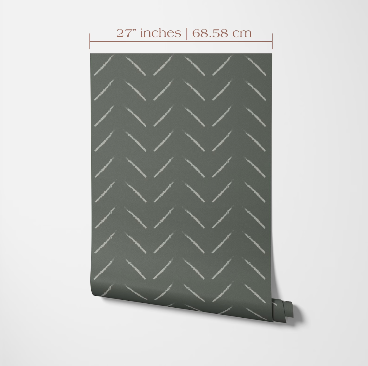 a gray and white chevron pattern on a wall, with the dimensions provided being 27 inches by 68.58 centimeters.