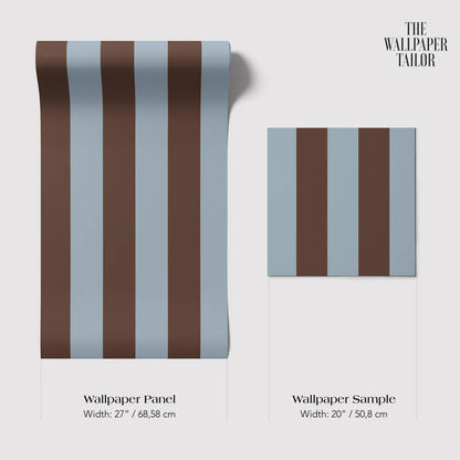 two different wallpaper panels with a striped pattern in shades of blue and brown. The text provides the widths of the panels in centimeters, with one panel being wider at 17/68.58 cm and the other being wider at 20/50.8 cm.