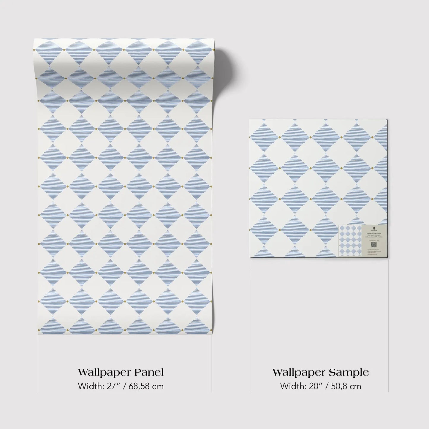 two different sizes of a blue and white diamond pattern wallpaper panel and a smaller square wallpaper sample.