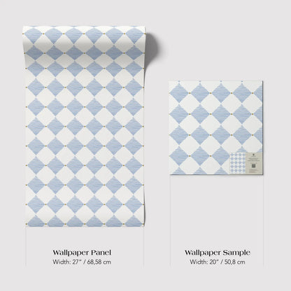two different sizes of a blue and white diamond pattern wallpaper panel and a smaller square wallpaper sample.