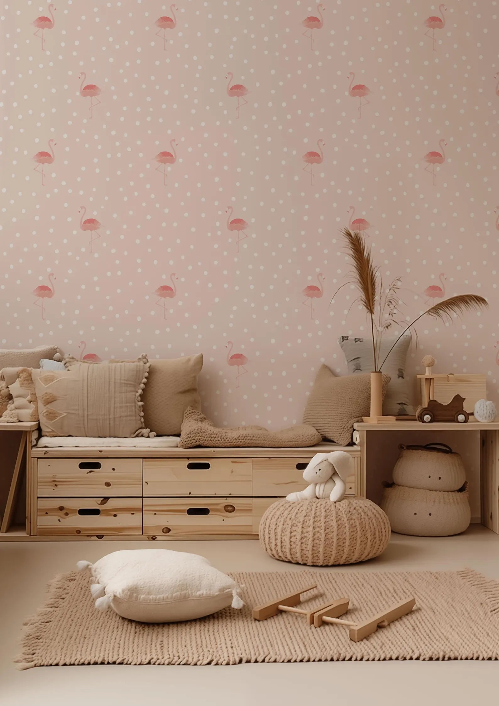 a cozy and inviting children's bedroom with a pink and white polka dot wallpaper, wooden furniture, and a plush rug.