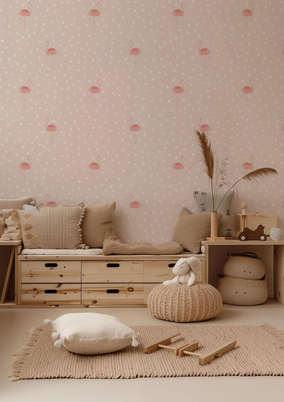 a cozy and inviting children's bedroom with a pink and white polka dot wallpaper, wooden furniture, and a plush rug.