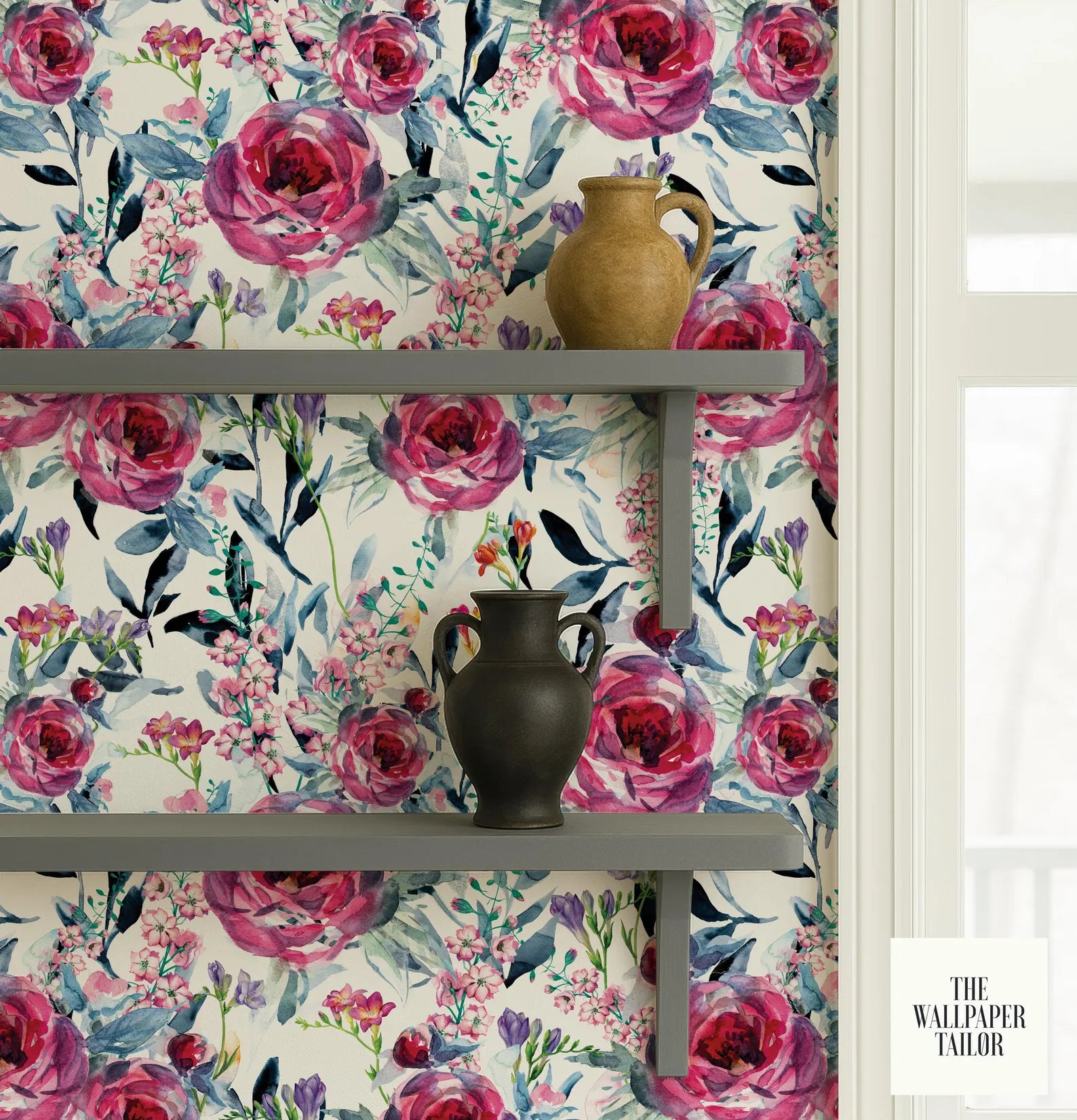 a wallpapered wall with a floral pattern, two vases, and two shelves.