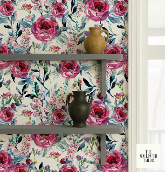 a wallpapered wall with a floral pattern, two vases, and two shelves.