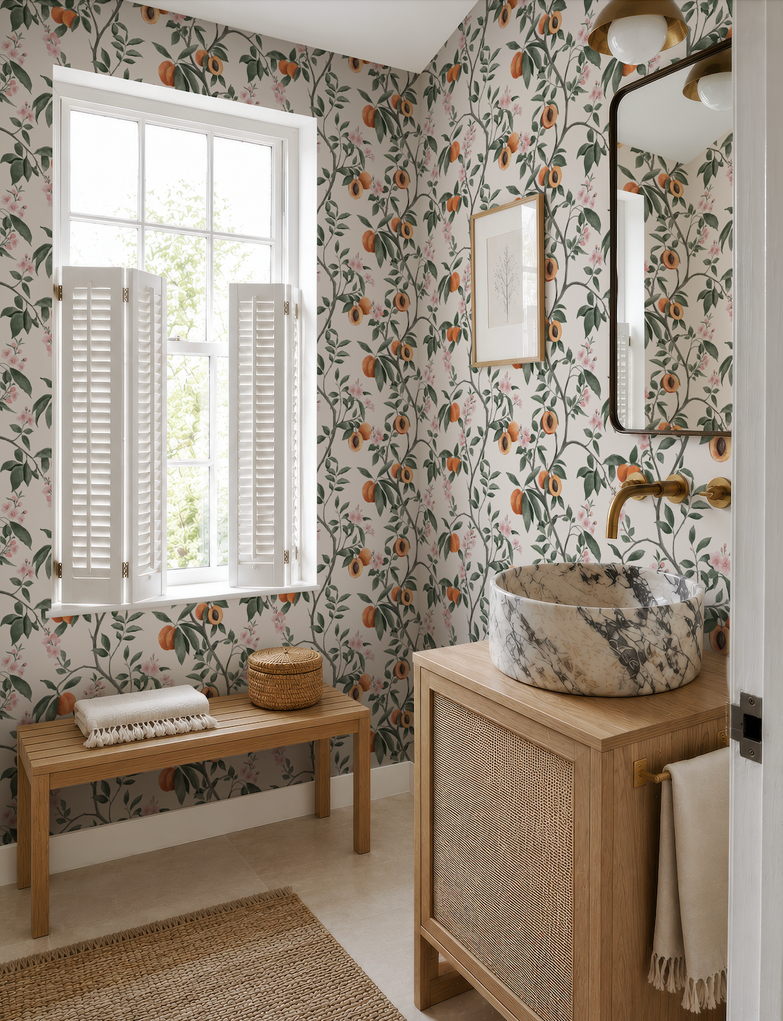 a bathroom with a marble sink, a wooden vanity, and a window with white shutters. The walls are covered in a floral wallpaper, and there is a woven basket on the vanity.