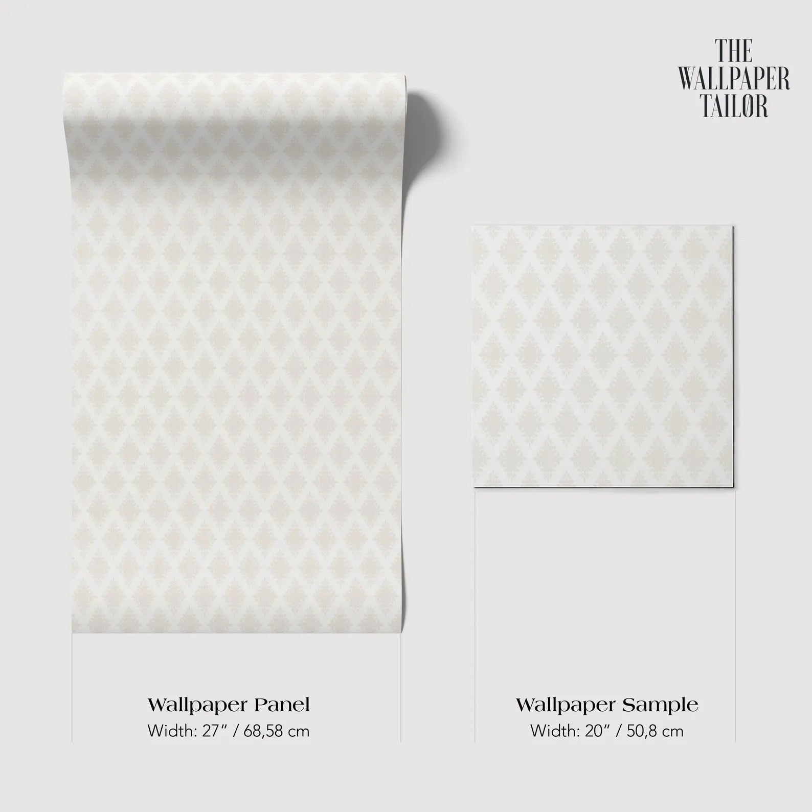 a wallpaper panel and a wallpaper sample, both with a white diamond pattern. The wallpaper panel is wider at 27 inches (68.58 cm) and the wallpaper sample is wider at 20 inches (50.8 cm).