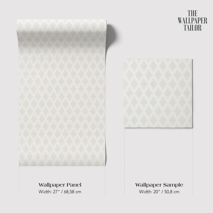 a wallpaper panel and a wallpaper sample, both with a white diamond pattern. The wallpaper panel is wider at 27 inches (68.58 cm) and the wallpaper sample is wider at 20 inches (50.8 cm).