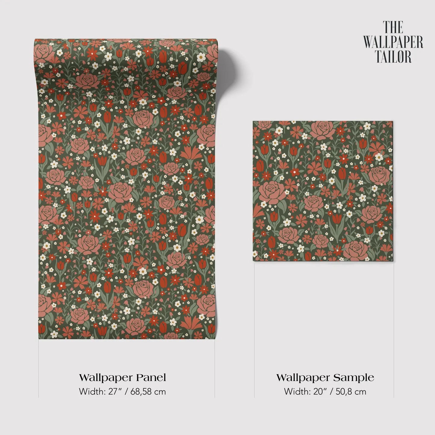 two different floral pattern wallpaper panels and a wallpaper sample, providing their respective widths and dimensions.