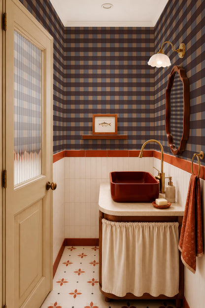 a bathroom with a red sink, a mirror, and a door. The walls are covered in checkered wallpaper, and the floor has a pattern of orange and white tiles.