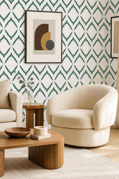 a modern living room with a white armchair, a wooden coffee table, and a framed abstract artwork on the wall.