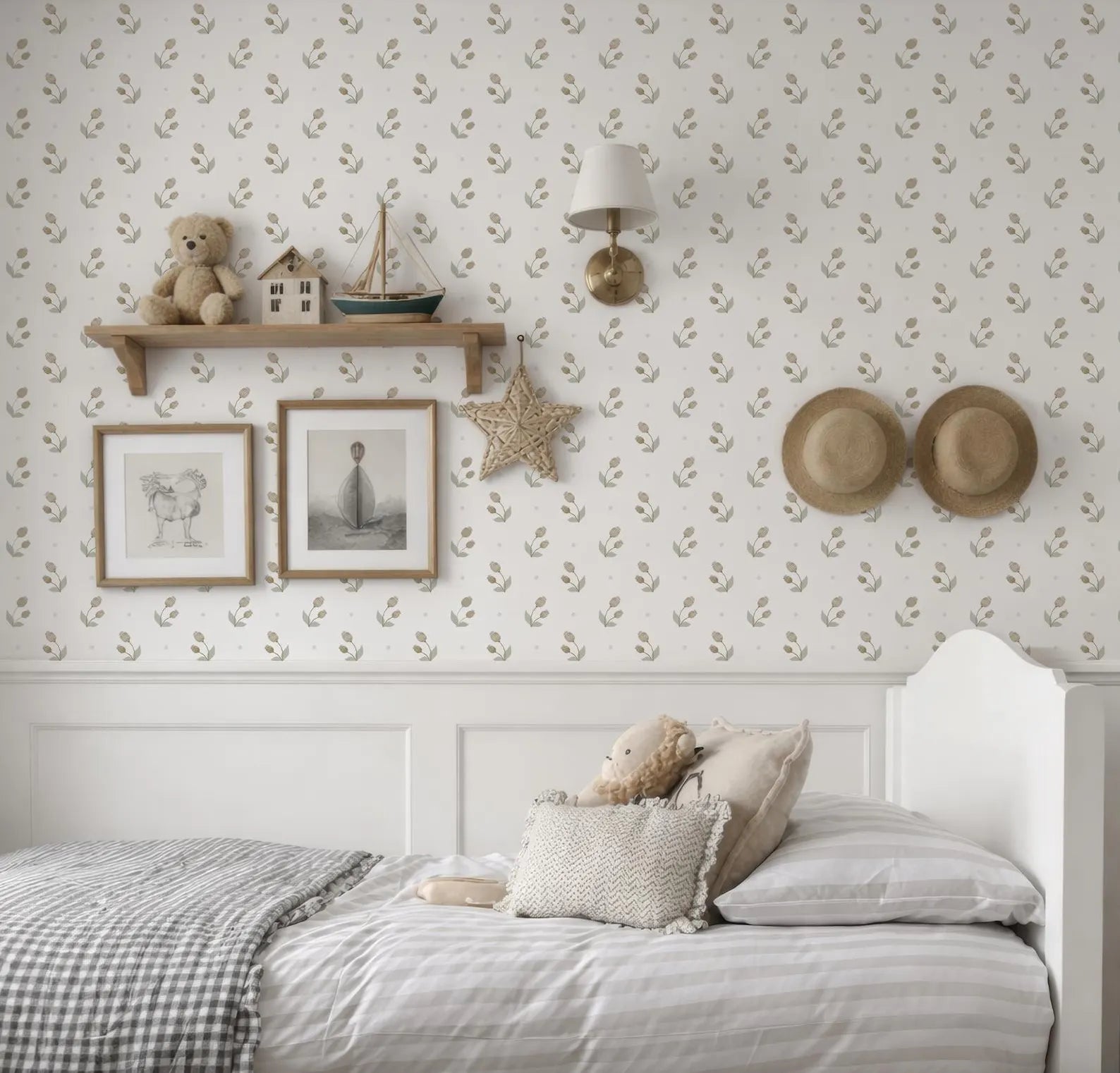 a cozy and charming bedroom scene, featuring a bed with a white headboard and a checkered bedspread. Above the bed, there is a shelf displaying a teddy bear, a small boat, and a star decoration. The wall behind the bed is adorned with a patterned wallpaper, and two hats are hung on the wall. The overall scene conveys a warm and inviting atmosphere.