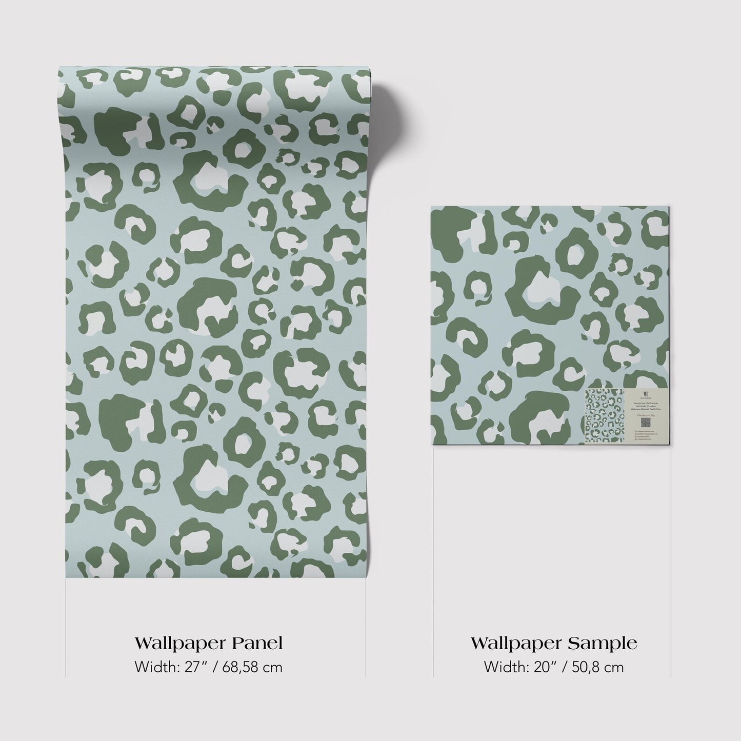 two different wallpaper samples with a leopard print pattern. The first sample is a larger one, measuring 27 inches by 68.58 centimeters, while the second sample is a smaller one, measuring 20 inches by 50.8 centimeters.