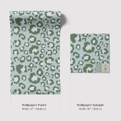 two different wallpaper samples with a leopard print pattern. The first sample is a larger one, measuring 27 inches by 68.58 centimeters, while the second sample is a smaller one, measuring 20 inches by 50.8 centimeters.