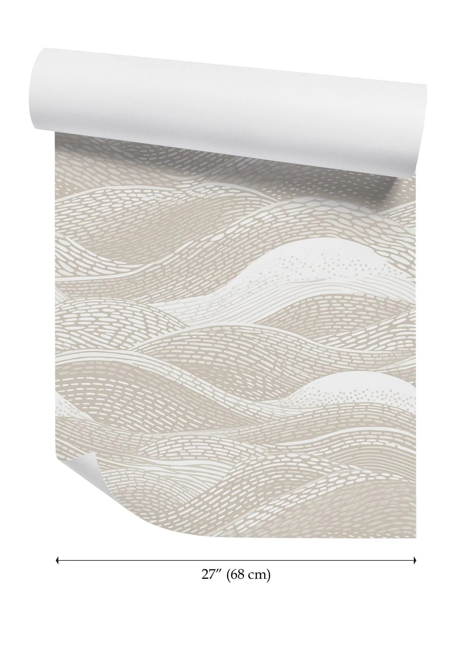 a roll of wallpaper with a repeating pattern of wavy lines in shades of beige and white.