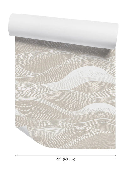 a roll of wallpaper with a repeating pattern of wavy lines in shades of beige and white.