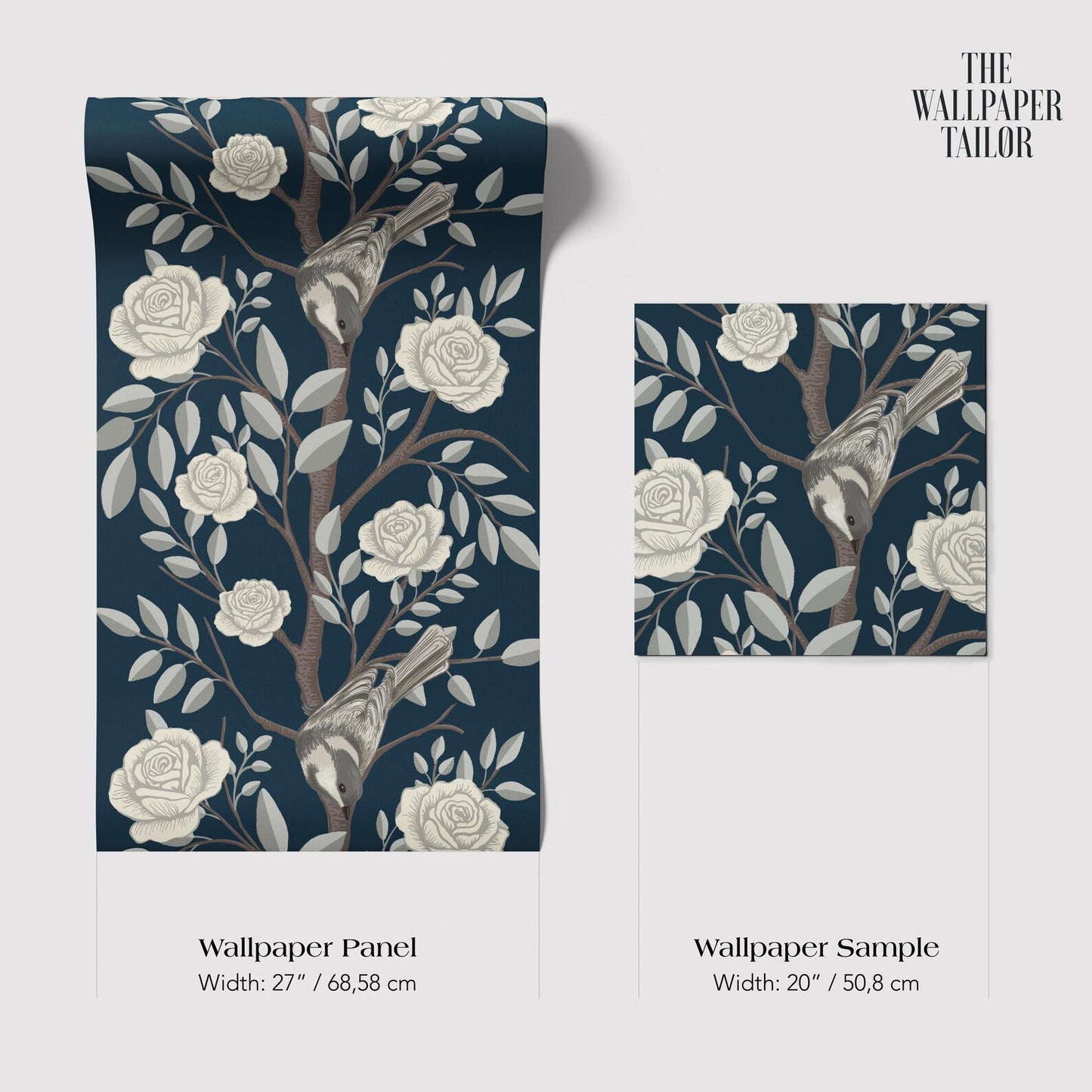 two wallpaper panels and a wallpaper sample, all featuring a floral design with white roses and leaves against a dark blue background.