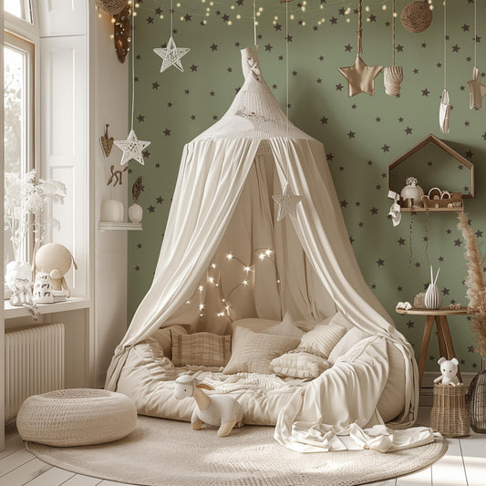 a canopy bed in a child's room with stars on the wall