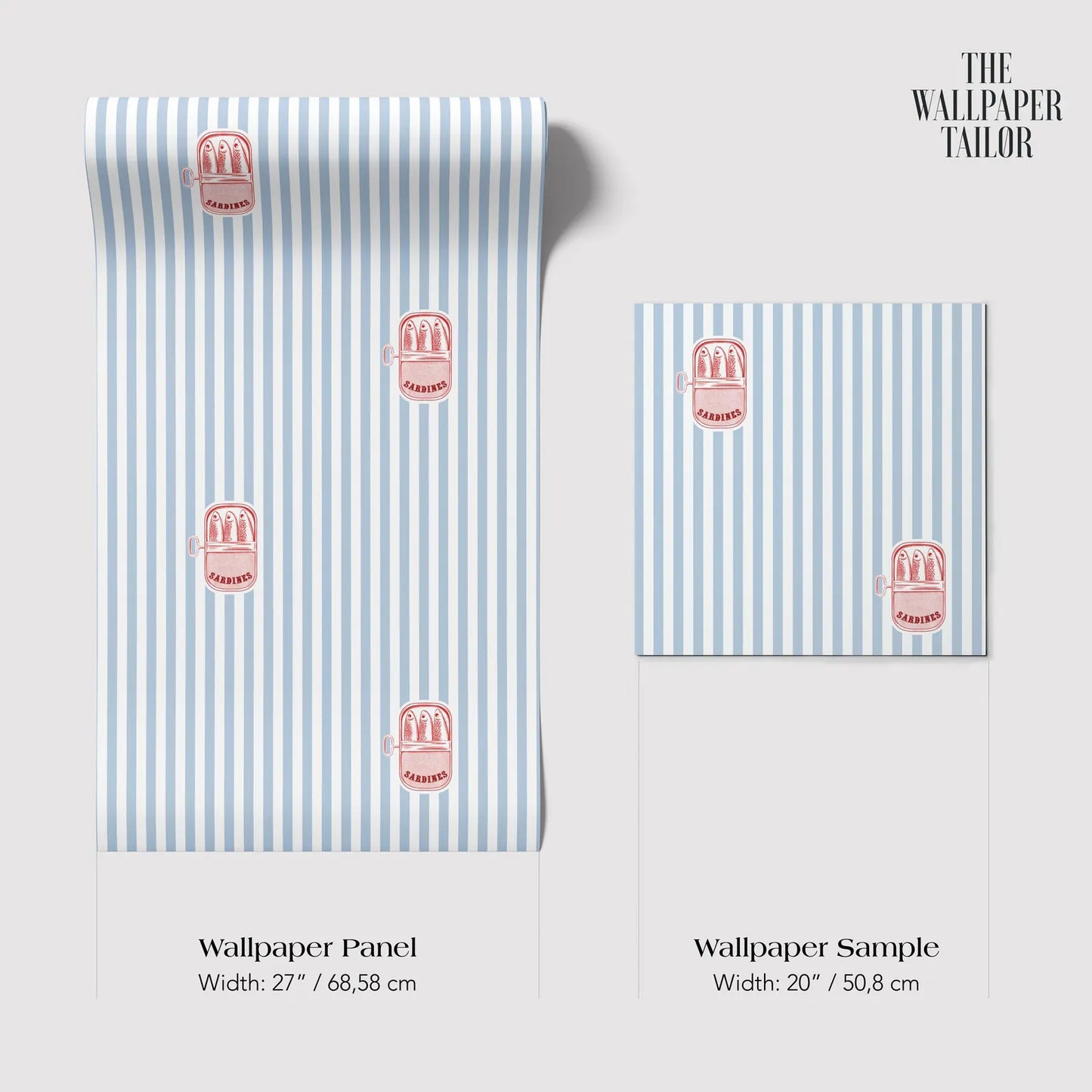 The image is a wallpaper panel and a wallpaper sample, both featuring a blue and white striped pattern with red and white striped objects.