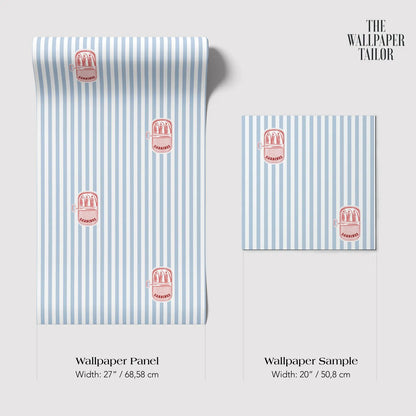 The image is a wallpaper panel and a wallpaper sample, both featuring a blue and white striped pattern with red and white striped objects.