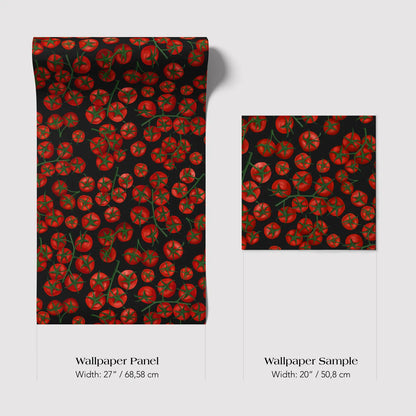 a wallpaper panel and a wallpaper sample with a repeating pattern of red tomatoes on a black background.