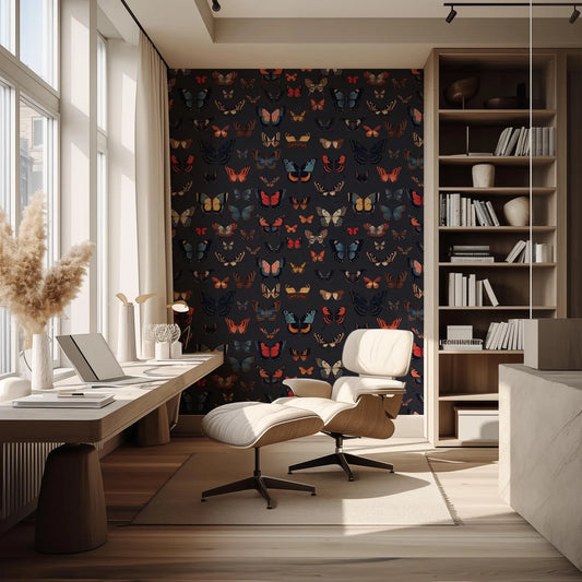 a room with a desk, chair, bookshelf and a wallpaper with