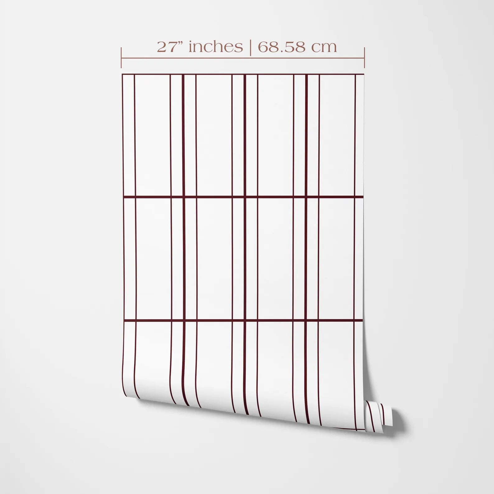a white wall with a red and white striped pattern, which appears to be a wallpaper or a similar design element. The image is described as having a size of 27 inches by 68.58 centimeters.