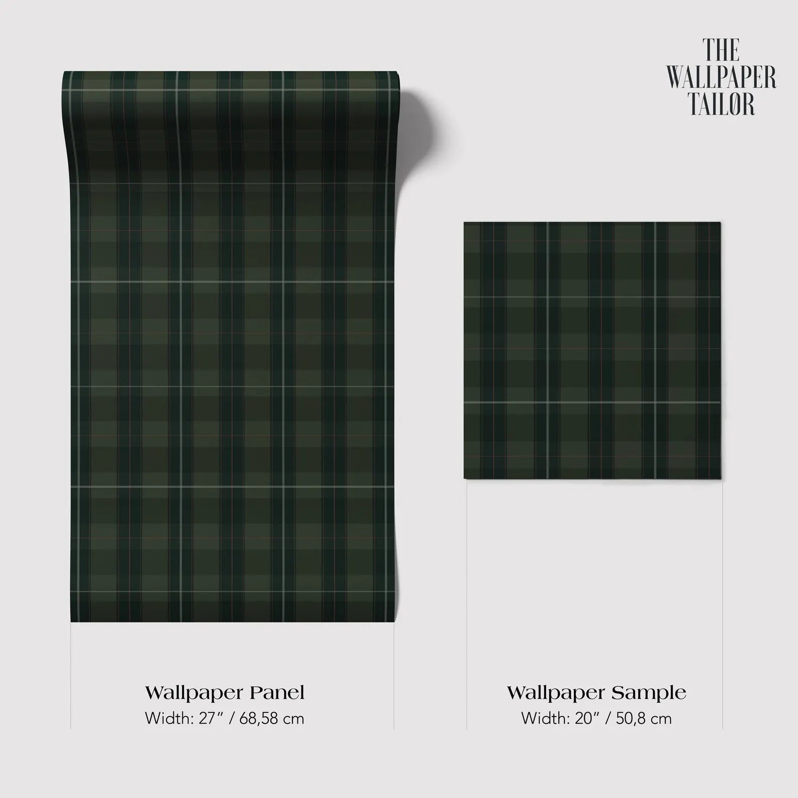 two different sizes of a wallpaper panel with a green and black plaid pattern. The larger panel is wider than the smaller one, with a width of 27/68/58 cm and a width of 20/50/8 cm.