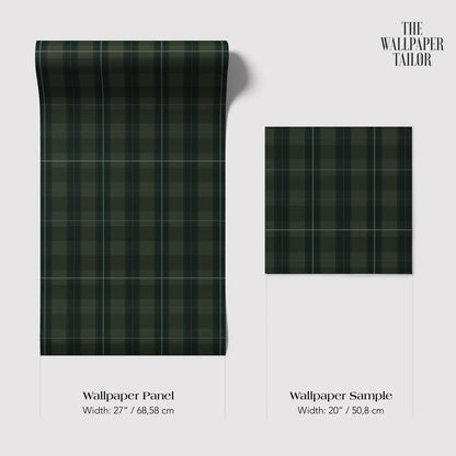 two different sizes of a wallpaper panel with a green and black plaid pattern. The larger panel is wider than the smaller one, with a width of 27/68/58 cm and a width of 20/50/8 cm.