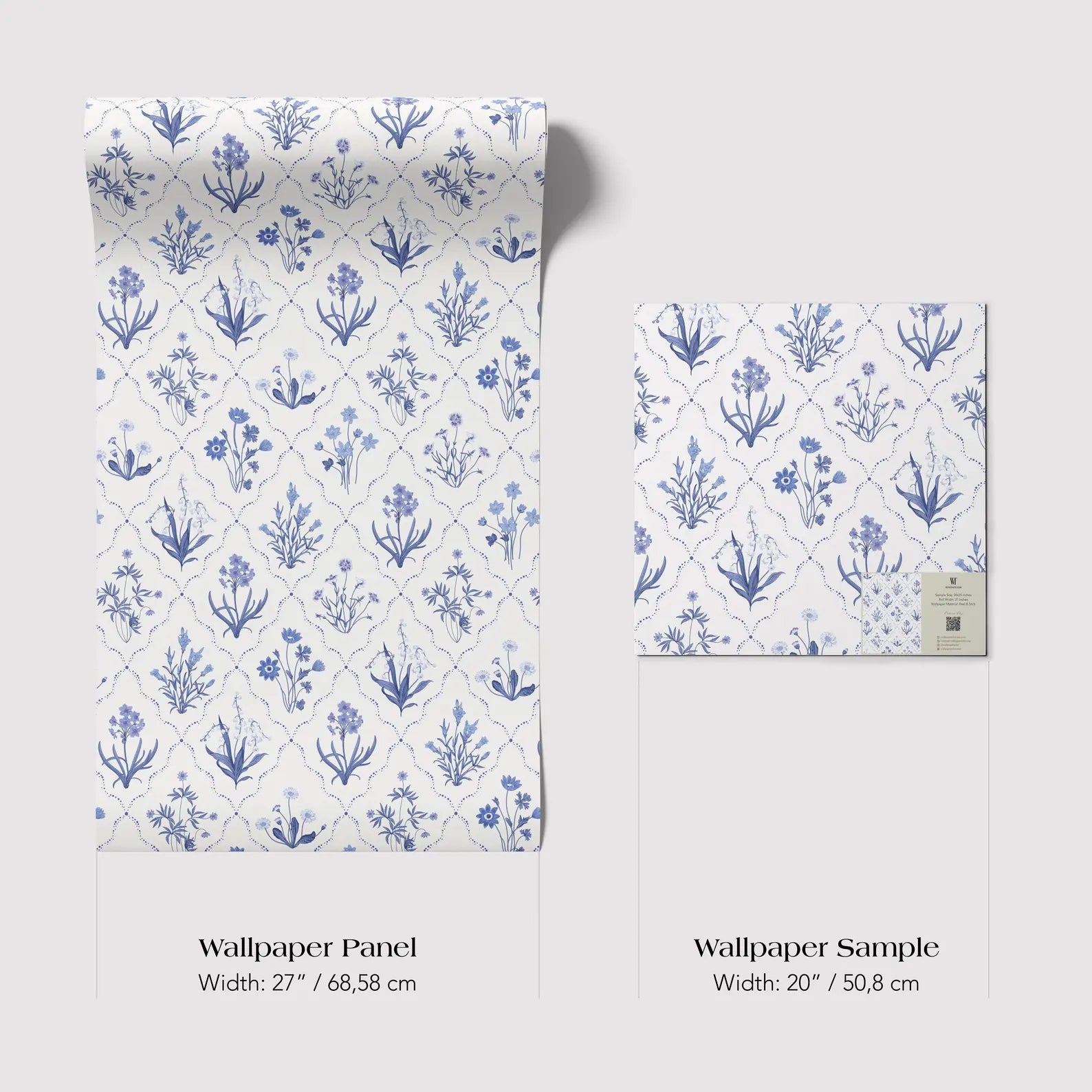two different wallpaper samples with a blue floral pattern. The text provides the widths of the samples in centimeters: 27/68" and 20/50"