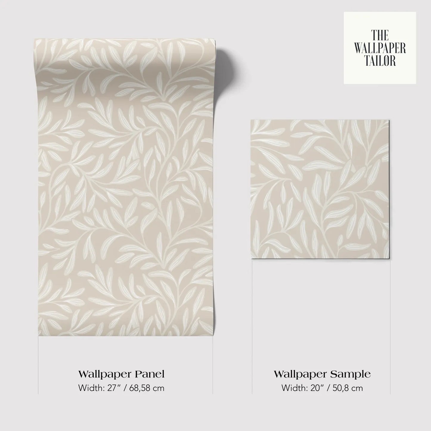 two wallpaper samples with a leafy, beige leaf pattern. The text provides the dimensions of the wallpaper panels and the wallpaper sample.