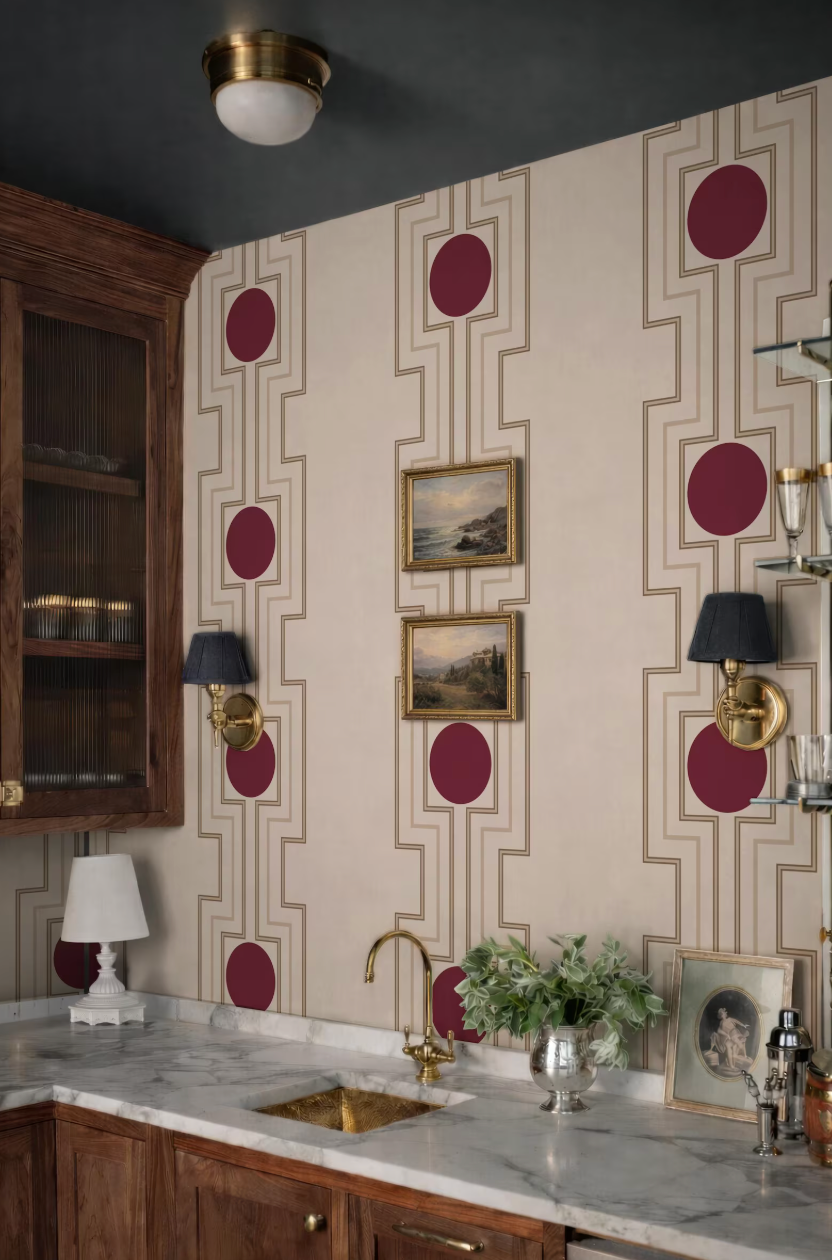 a modern kitchen with a marble countertop, a sink, and a wooden cabinet. The walls are adorned with a geometric pattern in shades of red and white, and there are framed pictures and a vase on the countertop.