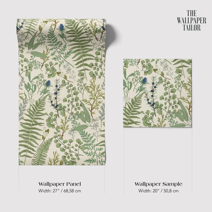 two different wallpaper panels with a similar green and white floral pattern. The text provides information about the width of the wallpaper panels and their respective sizes.
