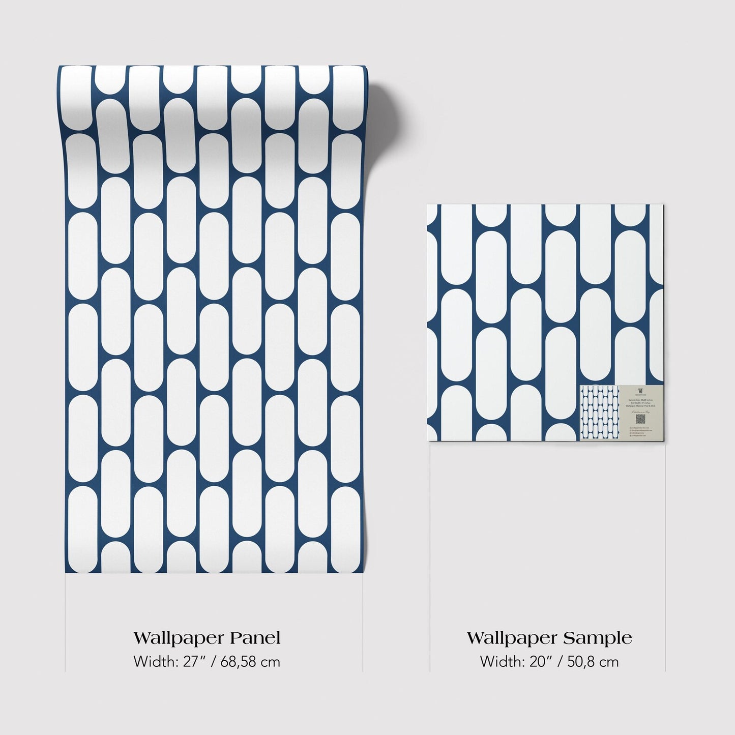 two different wallpaper panels with a repeating pattern of white and navy blue vertical lines. The text provides the dimensions of the wallpaper panels in centimeters.
