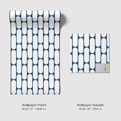 two different wallpaper panels with a repeating pattern of white and navy blue vertical lines. The text provides the dimensions of the wallpaper panels in centimeters.