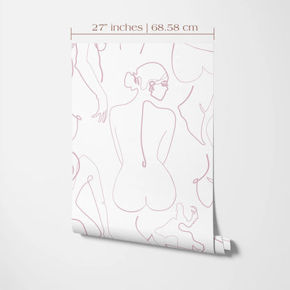 The image is a poster or wall hanging featuring a repeating pattern of abstract line drawings of female figures.