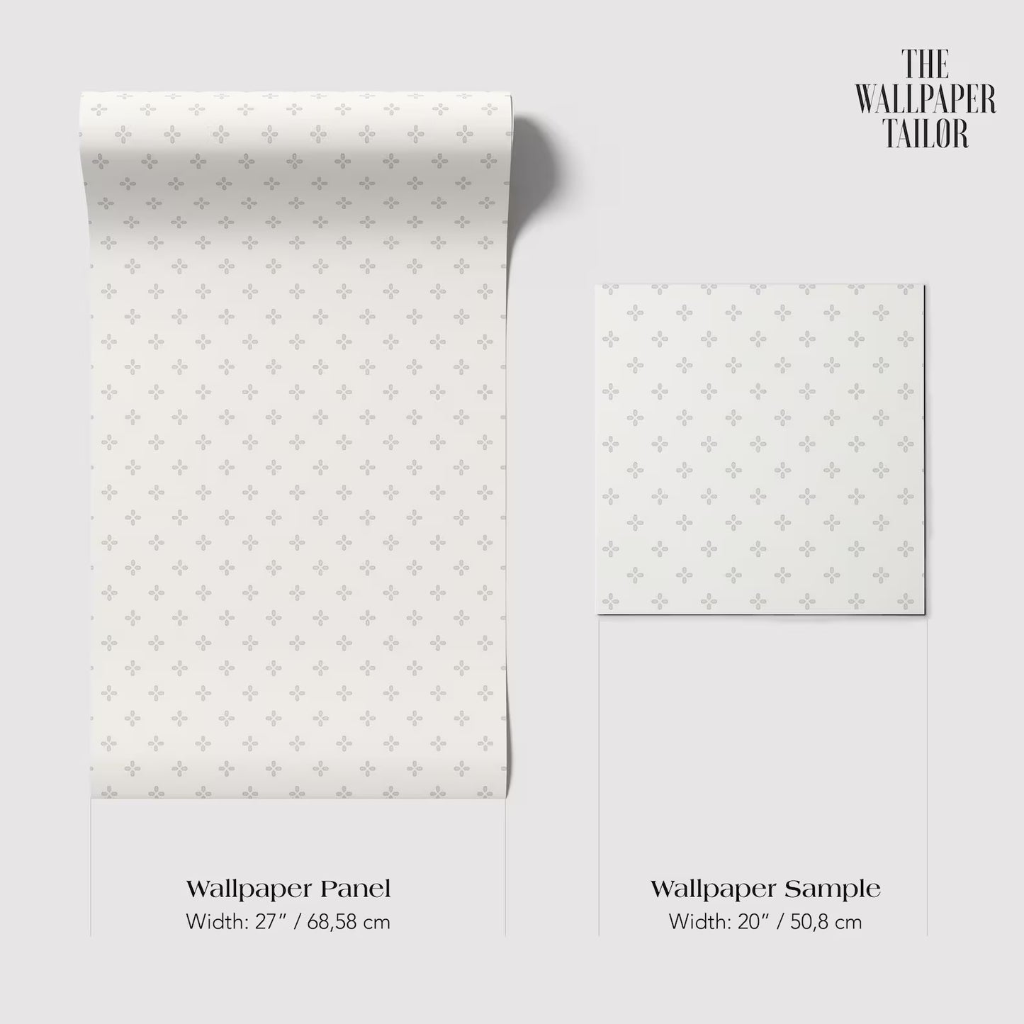 two different sizes of a wallpaper panel and a wallpaper sample, both with a white pattern featuring small dots or stars.