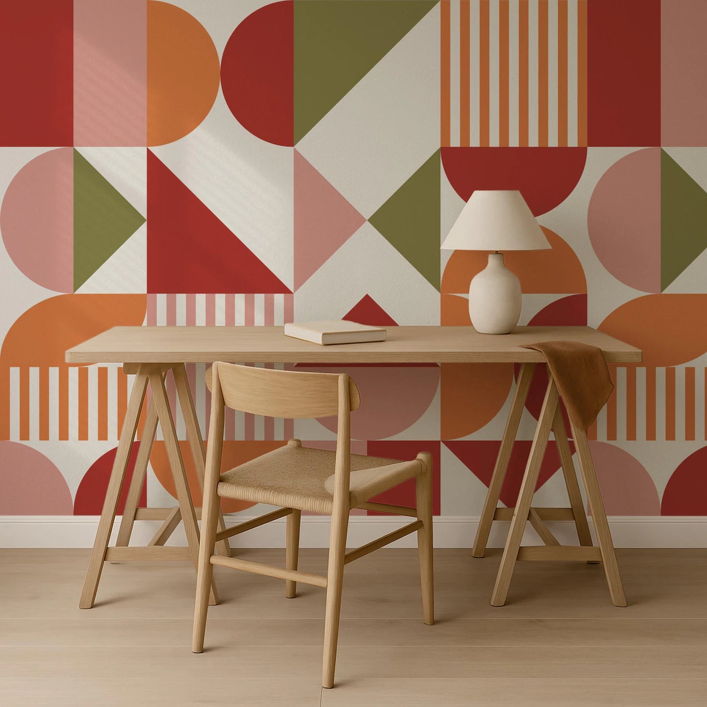 a modern workspace with a wooden desk and chair, a white lamp, and a geometric patterned wall behind the desk.